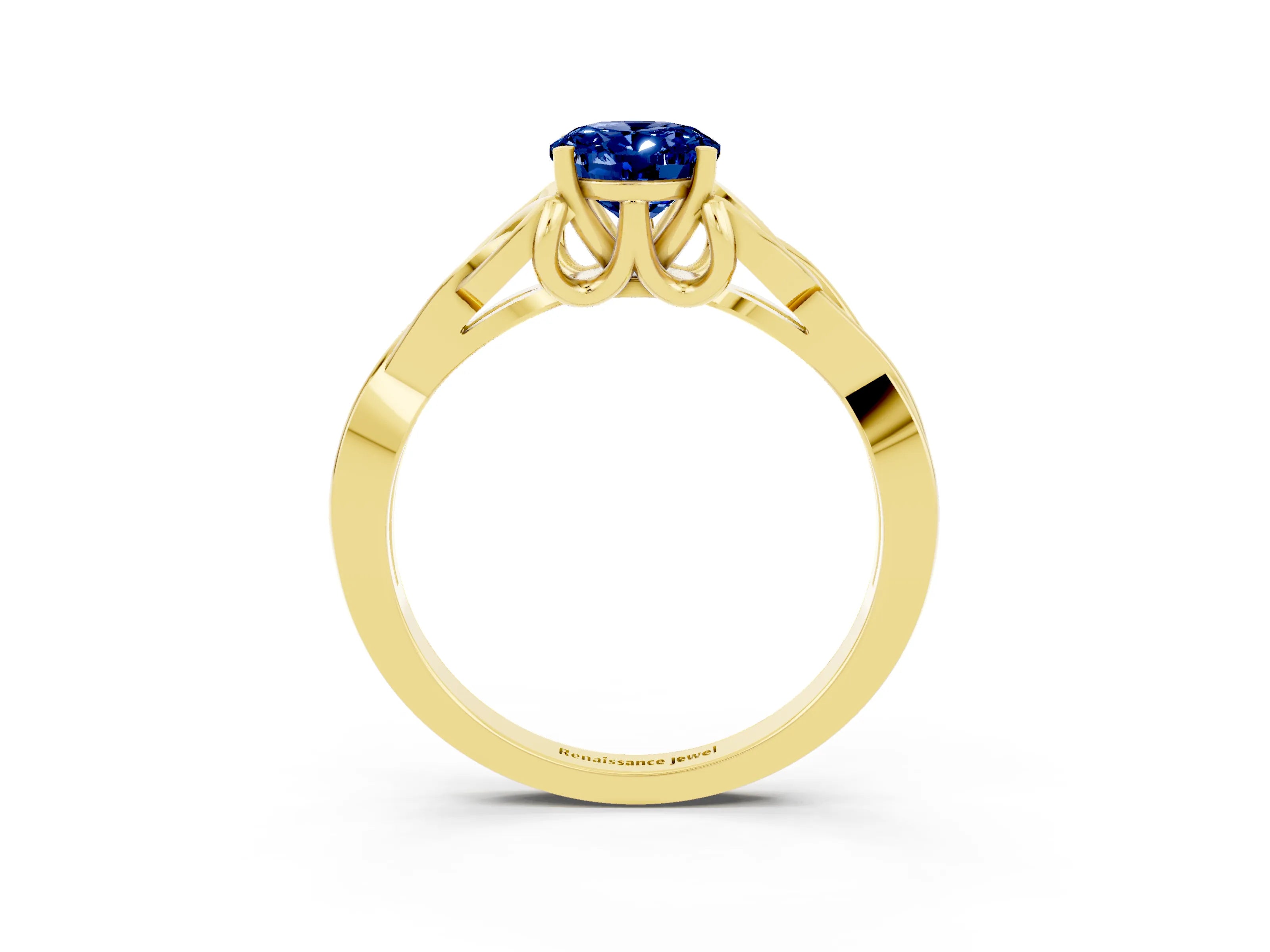 Yellow gold Oval Cut Blue Sapphire Solitaire Celtic Knot Ring with Four-Prong Setting_15
