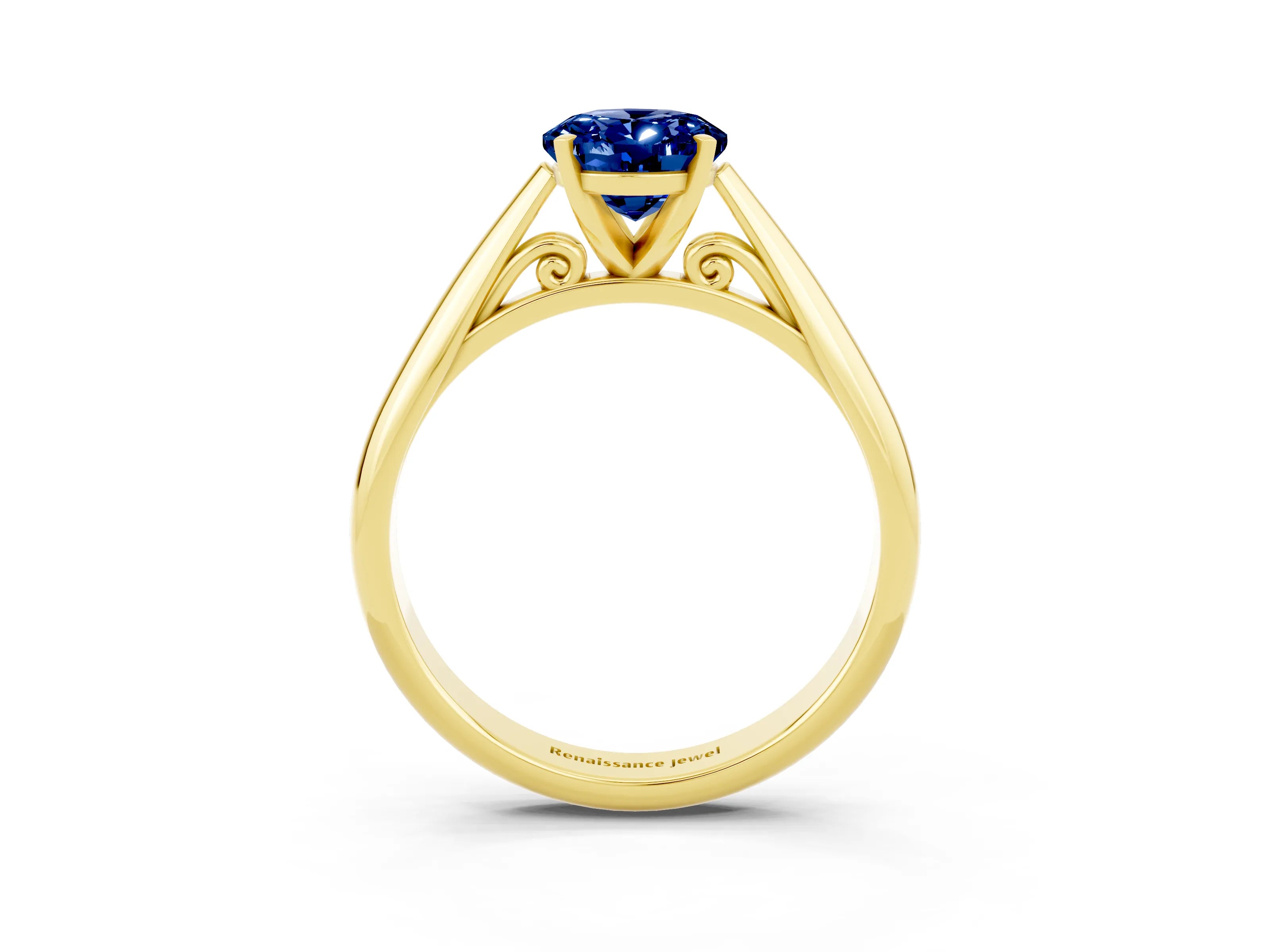 Yellow gold Oval Cut Blue Sapphire Solitaire Engagement Ring with Cathedral Setting and Four-Prong Mount_15