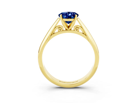 Yellow gold Oval Cut Blue Sapphire Solitaire Engagement Ring with Cathedral Setting and Four-Prong Mount_15