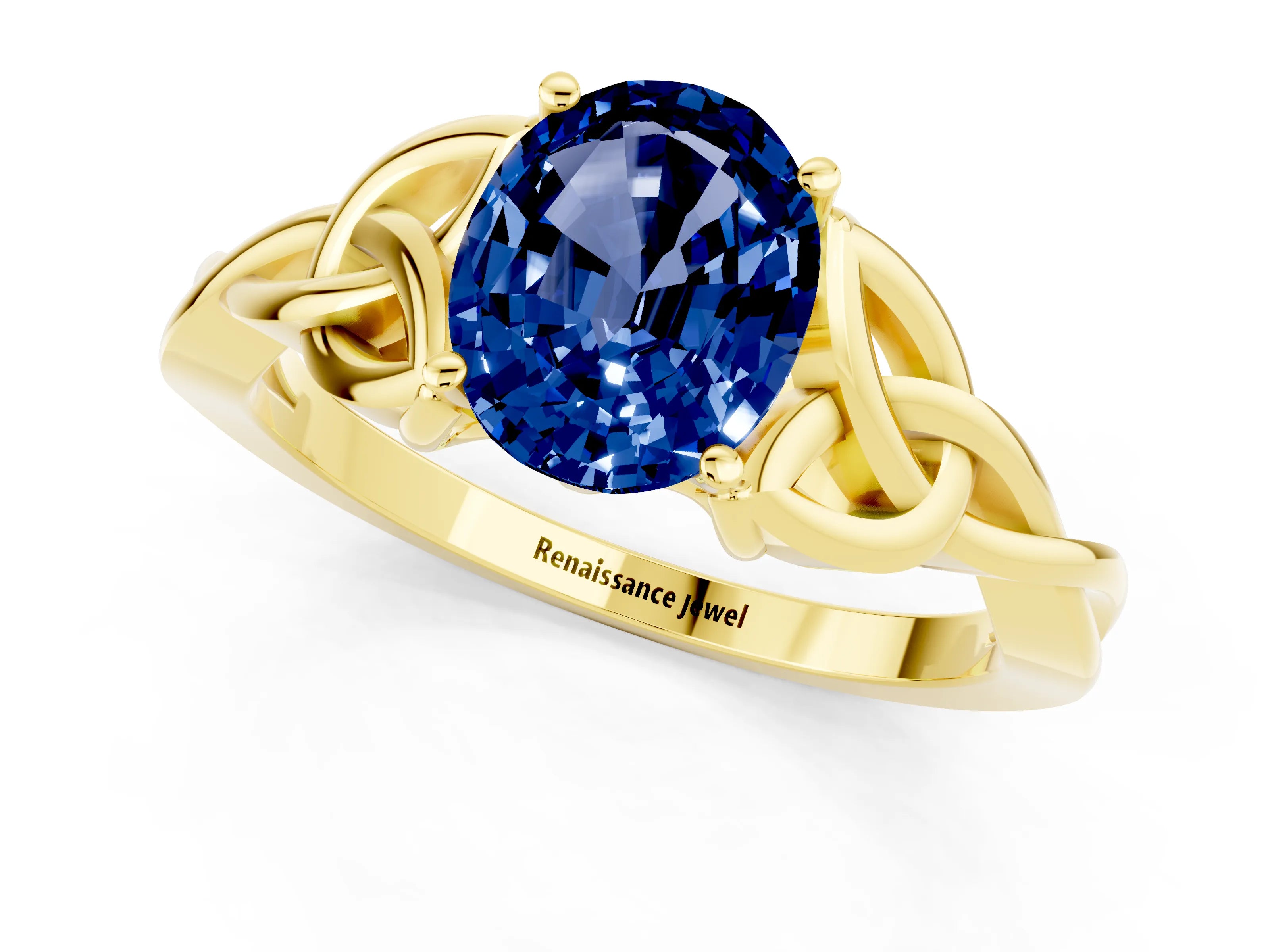 Yellow gold Oval Cut Blue Sapphire Solitaire Engagement Ring with Celtic Knot Band and Four-Prong Setting_1