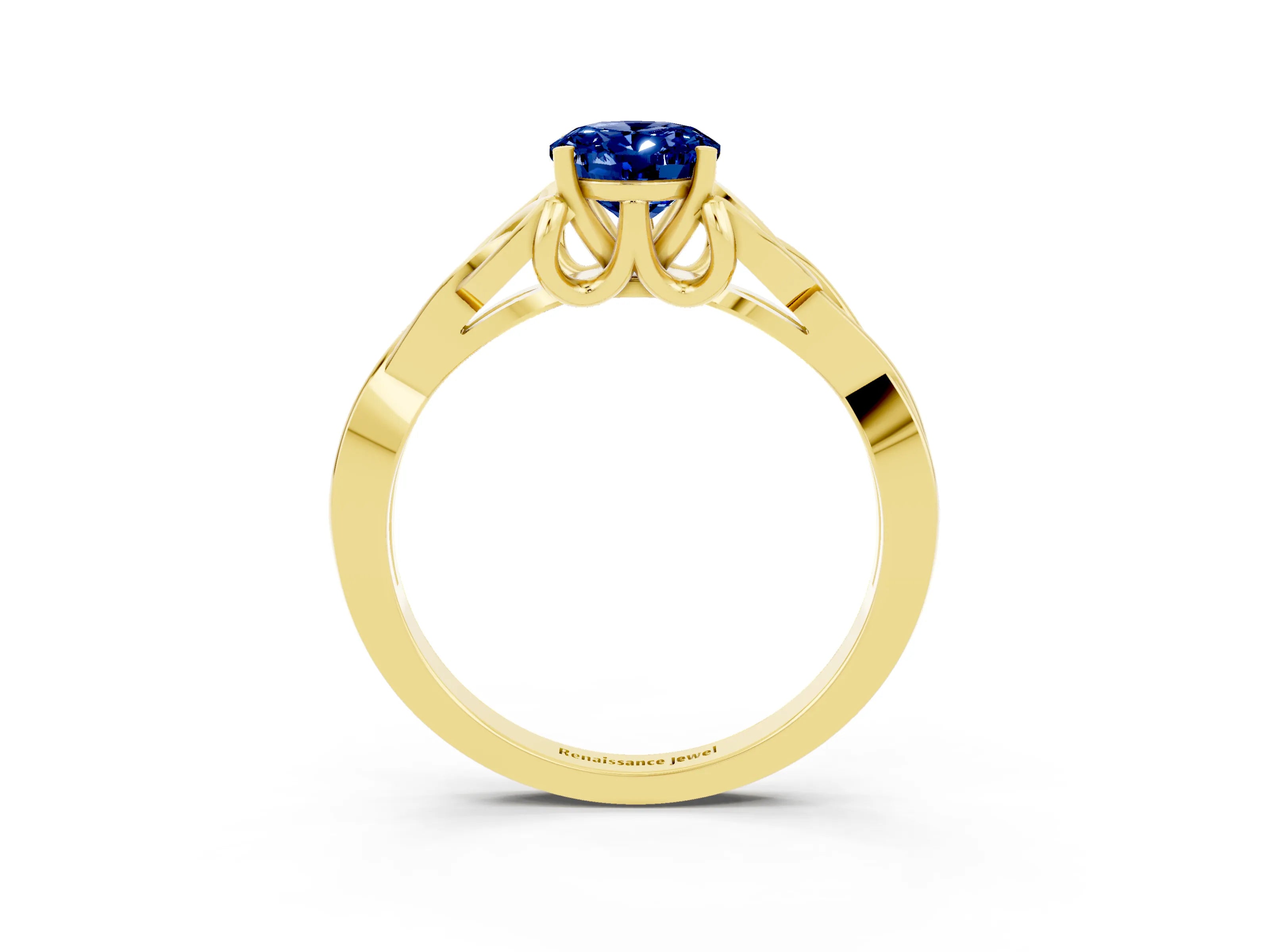 Yellow gold Oval Cut Blue Sapphire Solitaire Engagement Ring with Celtic Knot Band and Four-Prong Setting_3