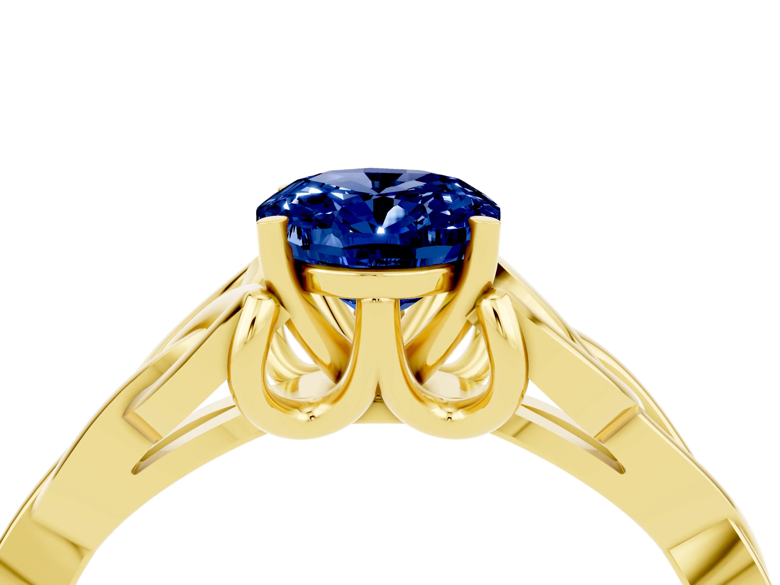 Yellow gold Oval Cut Blue Sapphire Solitaire Engagement Ring with Celtic Knot Band and Four-Prong Setting_4