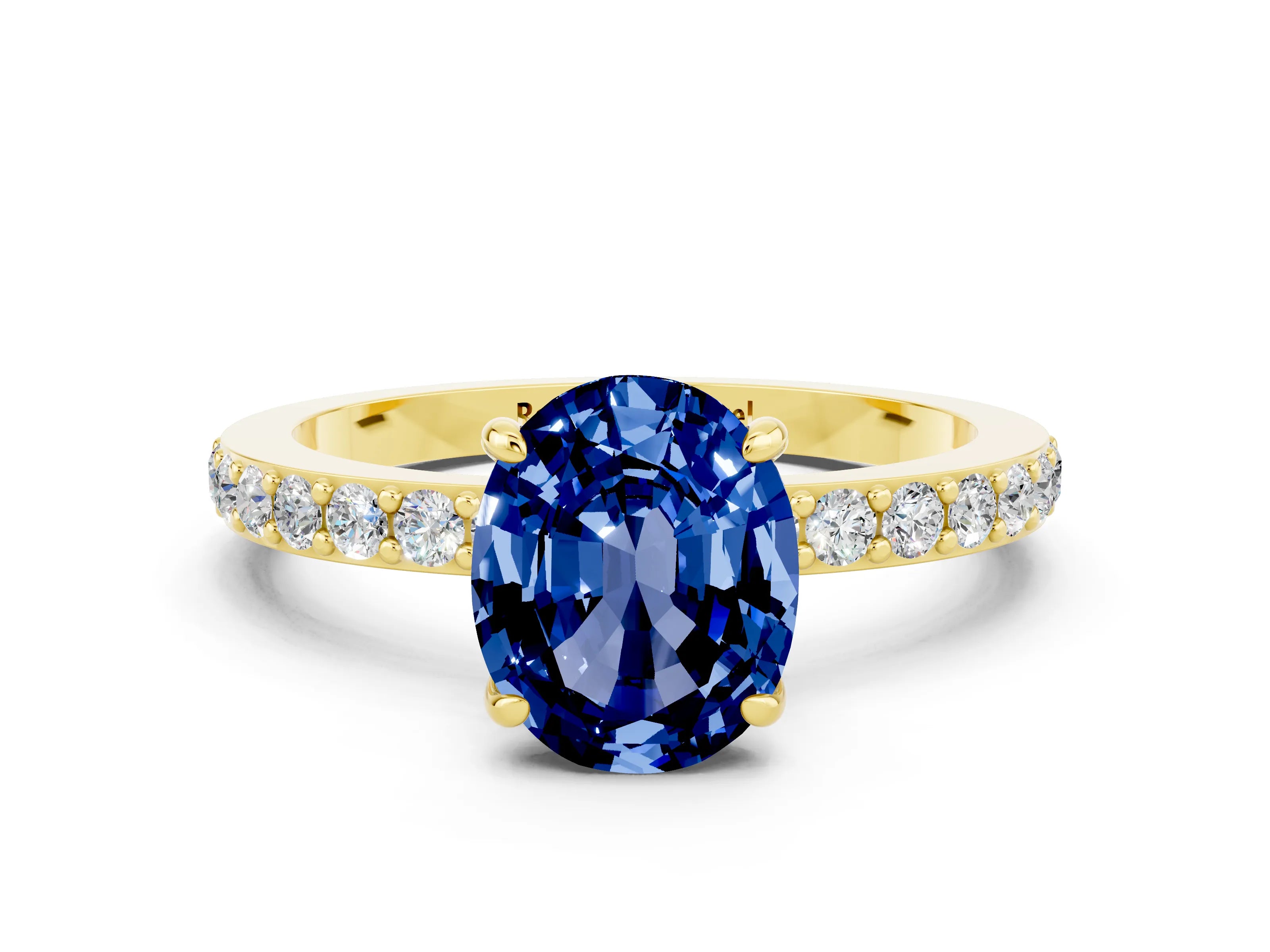 Yellow gold Oval Cut Blue Sapphire Solitaire Engagement Ring with Pavé Band and Four-Prong Setting