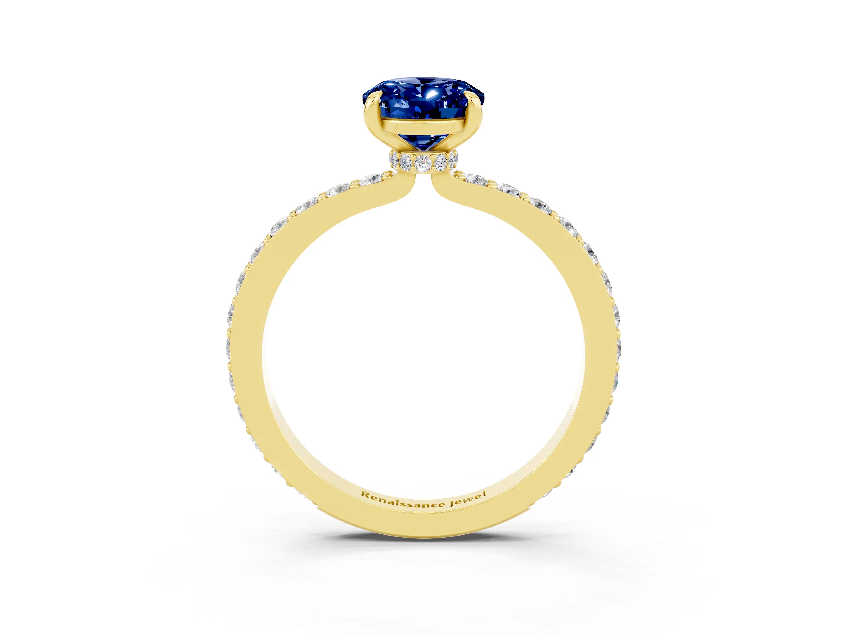 Yellow gold Oval Cut Blue Sapphire Solitaire Engagement Ring with Pavé Band and Four-Prong Setting_3