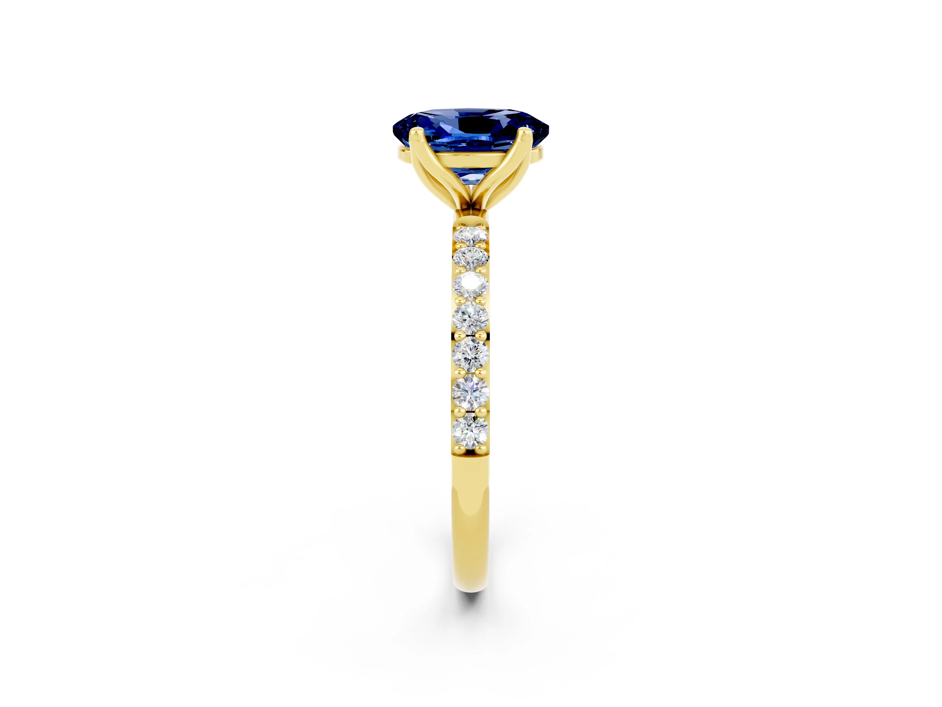 Yellow gold Oval Cut Blue Sapphire Solitaire Engagement Ring with Pavé Band and Prong Setting_2