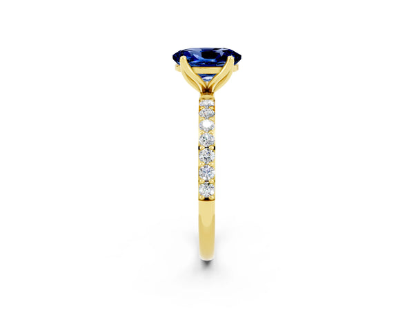 Yellow gold Oval Cut Blue Sapphire Solitaire Engagement Ring with Round  Pavé Band and Prong Setting