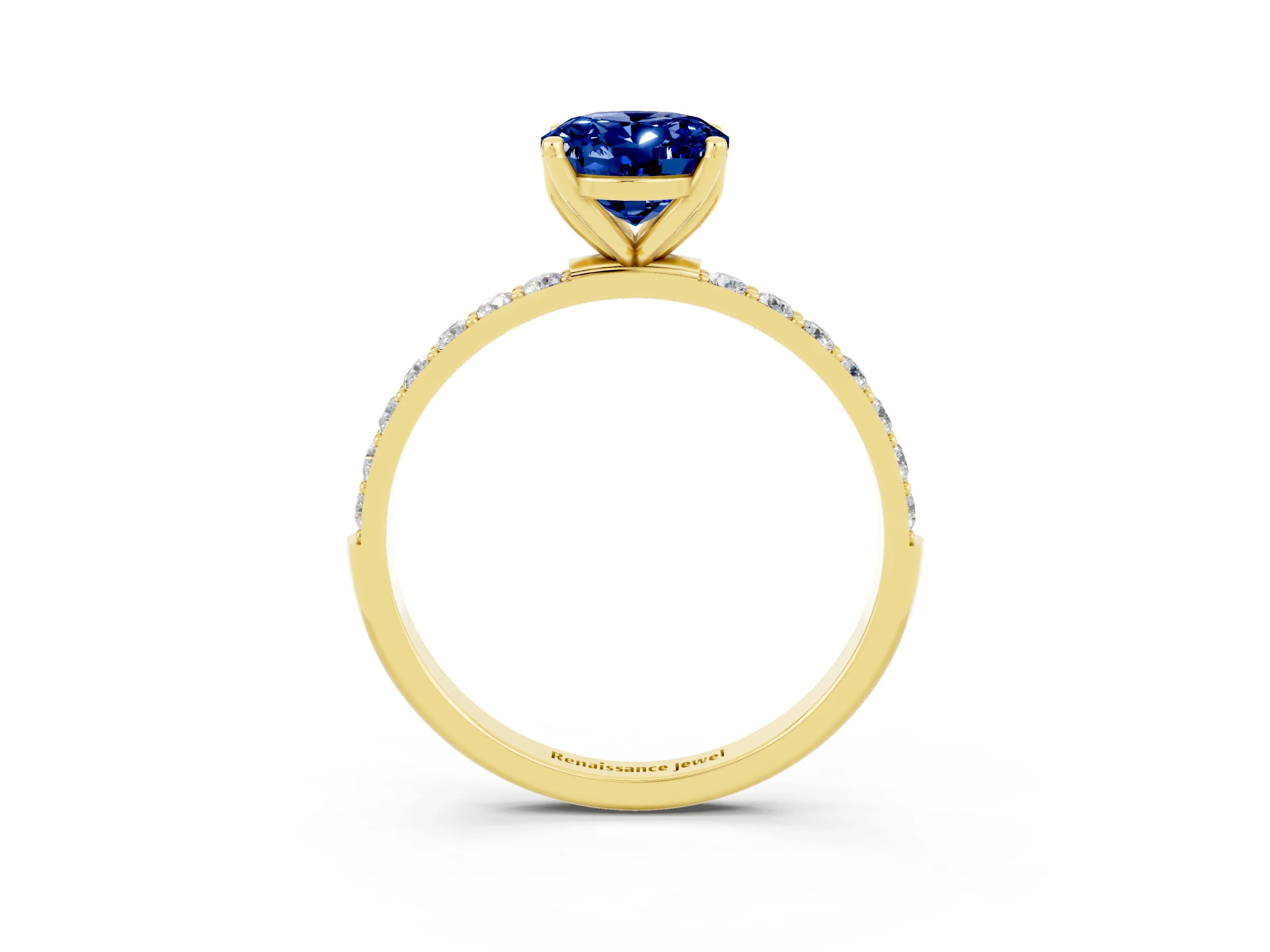 Yellow gold Oval Cut Blue Sapphire Solitaire Engagement Ring with Pavé Band and Prong Setting_3
