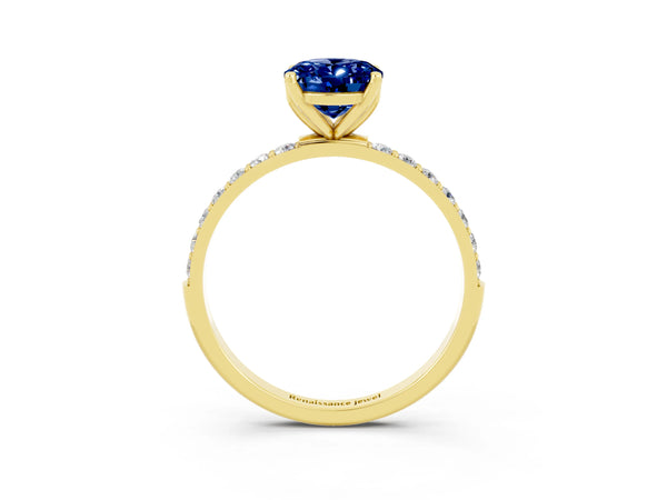 Yellow gold Oval Cut Blue Sapphire Solitaire Engagement Ring with Round  Pavé Band and Prong Setting