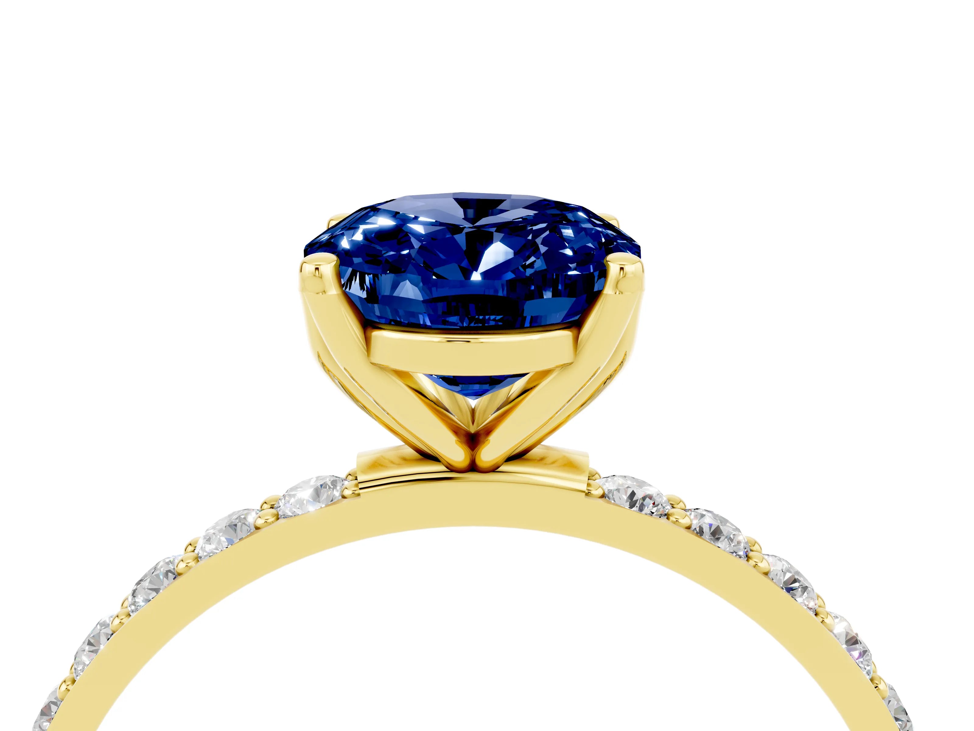 Yellow gold Oval Cut Blue Sapphire Solitaire Engagement Ring with Pavé Band and Prong Setting_4