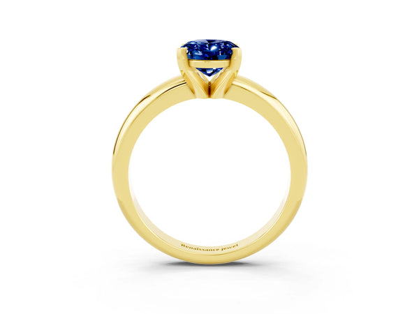 Yellow gold Oval Cut Blue Sapphire Solitaire Engagement Ring with Round Band and Four-Prong Setting