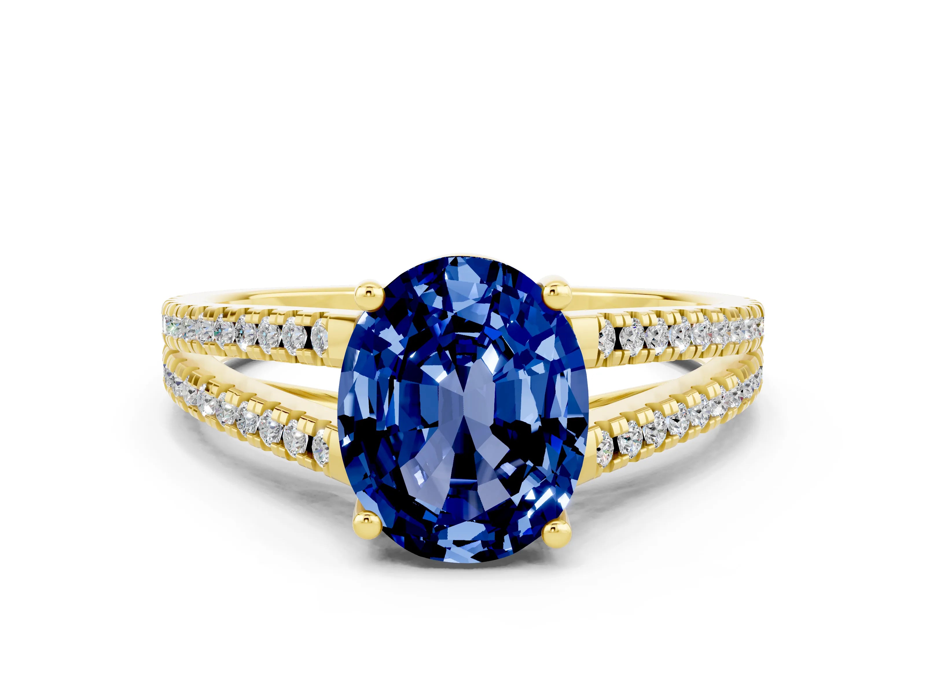 Yellow gold Oval Cut Blue Sapphire Solitaire Engagement Ring with Split Shank Pavé Band