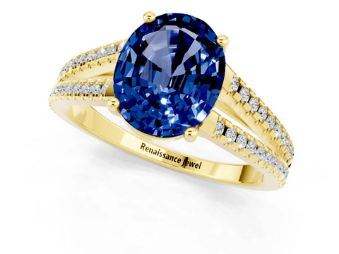 Yellow gold Oval Cut Blue Sapphire Solitaire Engagement Ring with Split Shank Pavé Band_1