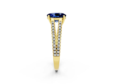 Yellow gold Oval Cut Blue Sapphire Solitaire Engagement Ring with Split Shank Pavé Band_2