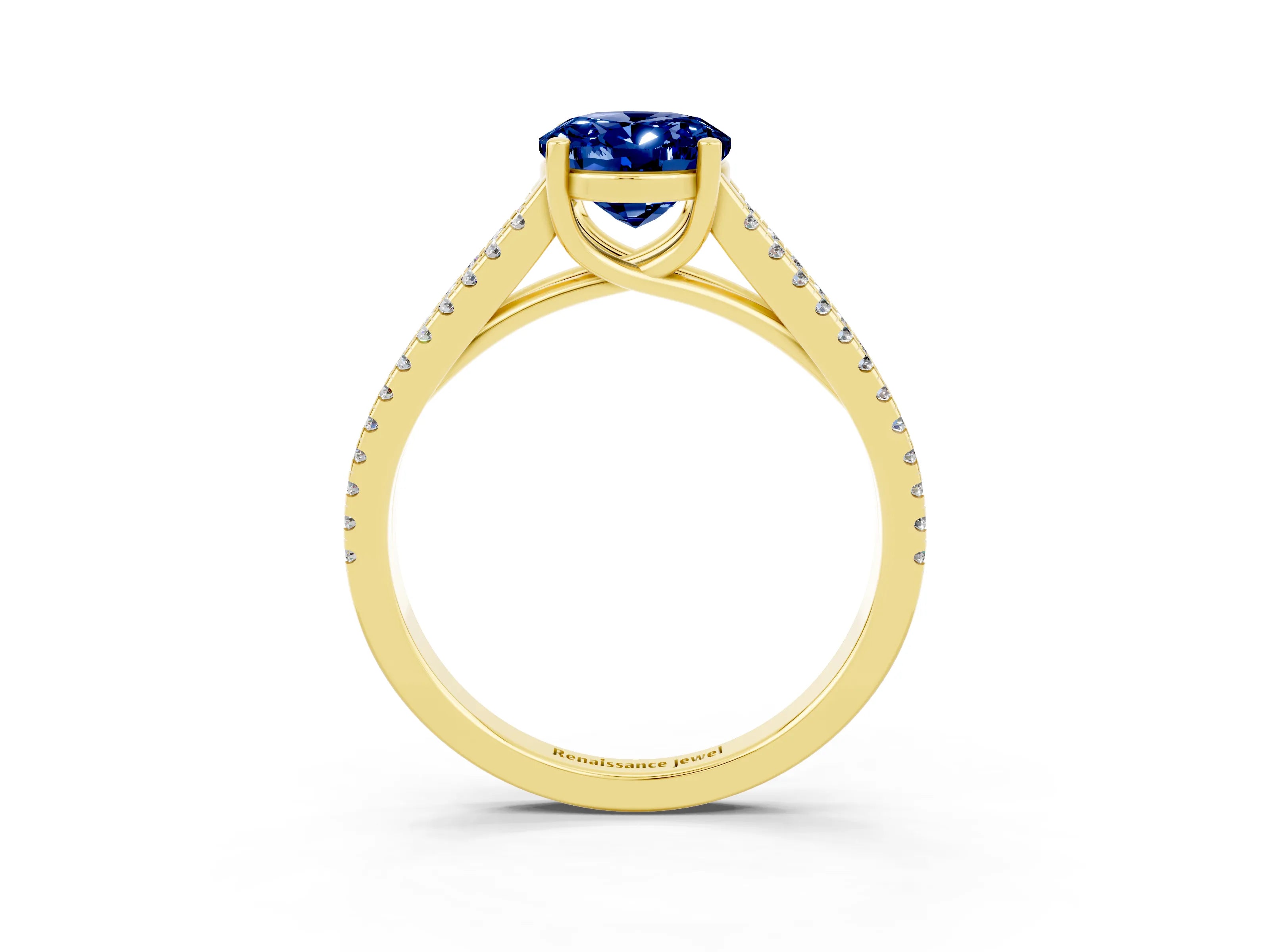 Yellow gold Oval Cut Blue Sapphire Solitaire Engagement Ring with Split Shank Pavé Band_3