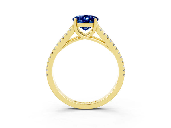 Yellow gold Oval Cut Blue Sapphire Solitaire Engagement Ring with Split Shank Pavé Band