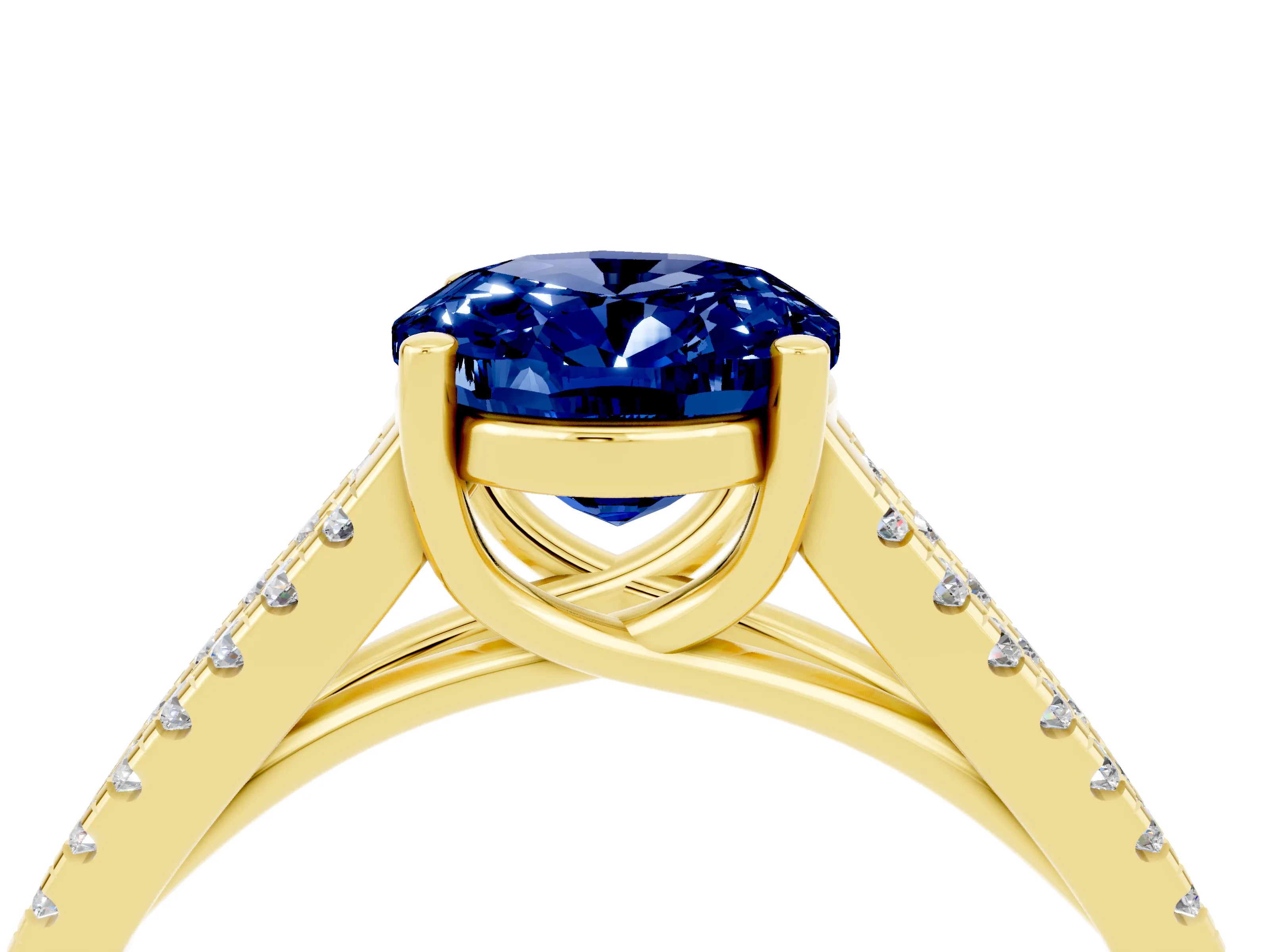 Yellow gold Oval Cut Blue Sapphire Solitaire Engagement Ring with Split Shank Pavé Band_4