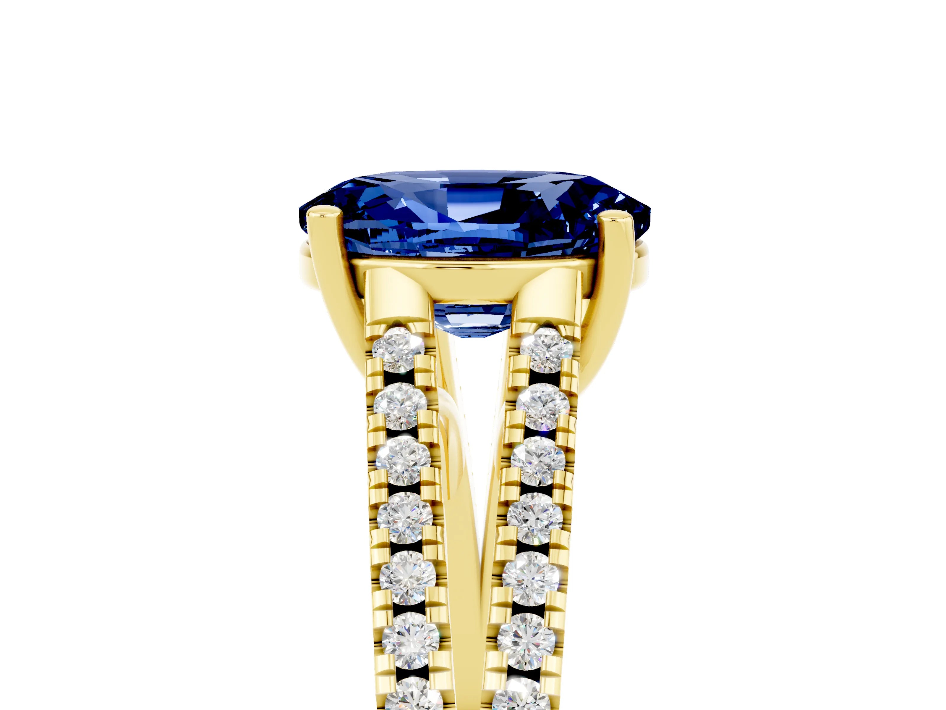 Yellow gold Oval Cut Blue Sapphire Solitaire Engagement Ring with Split Shank Pavé Band_5