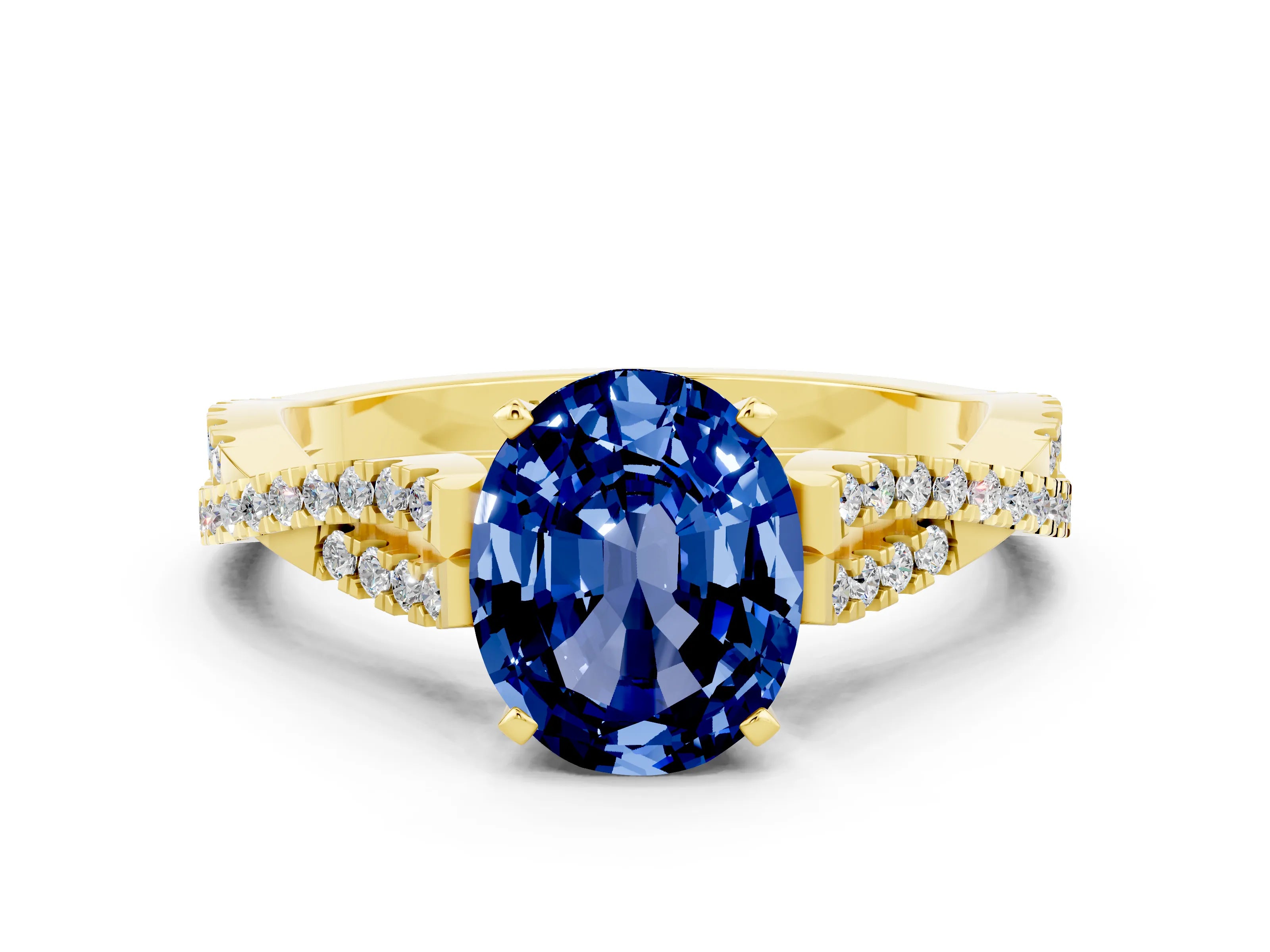 Yellow gold Oval Cut Blue Sapphire Solitaire Engagement Ring with Twisted Pavé Band and Four-Prong Setting