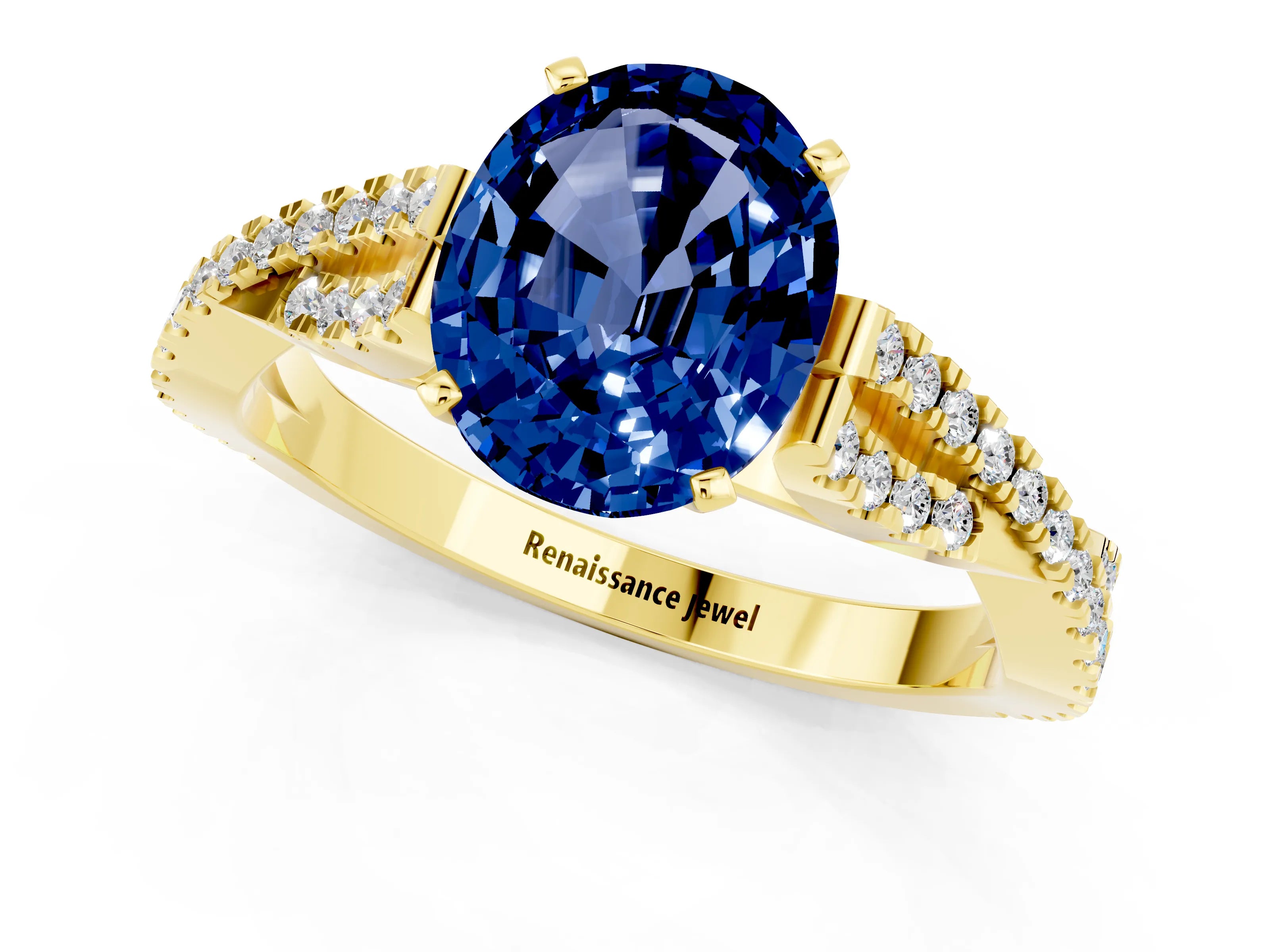 Yellow gold Oval Cut Blue Sapphire Solitaire Engagement Ring with Twisted Pavé Band and Four-Prong Setting_1