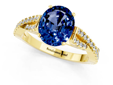 Yellow gold Oval Cut Blue Sapphire Solitaire Engagement Ring with Twisted Pavé Band and Four-Prong Setting_1