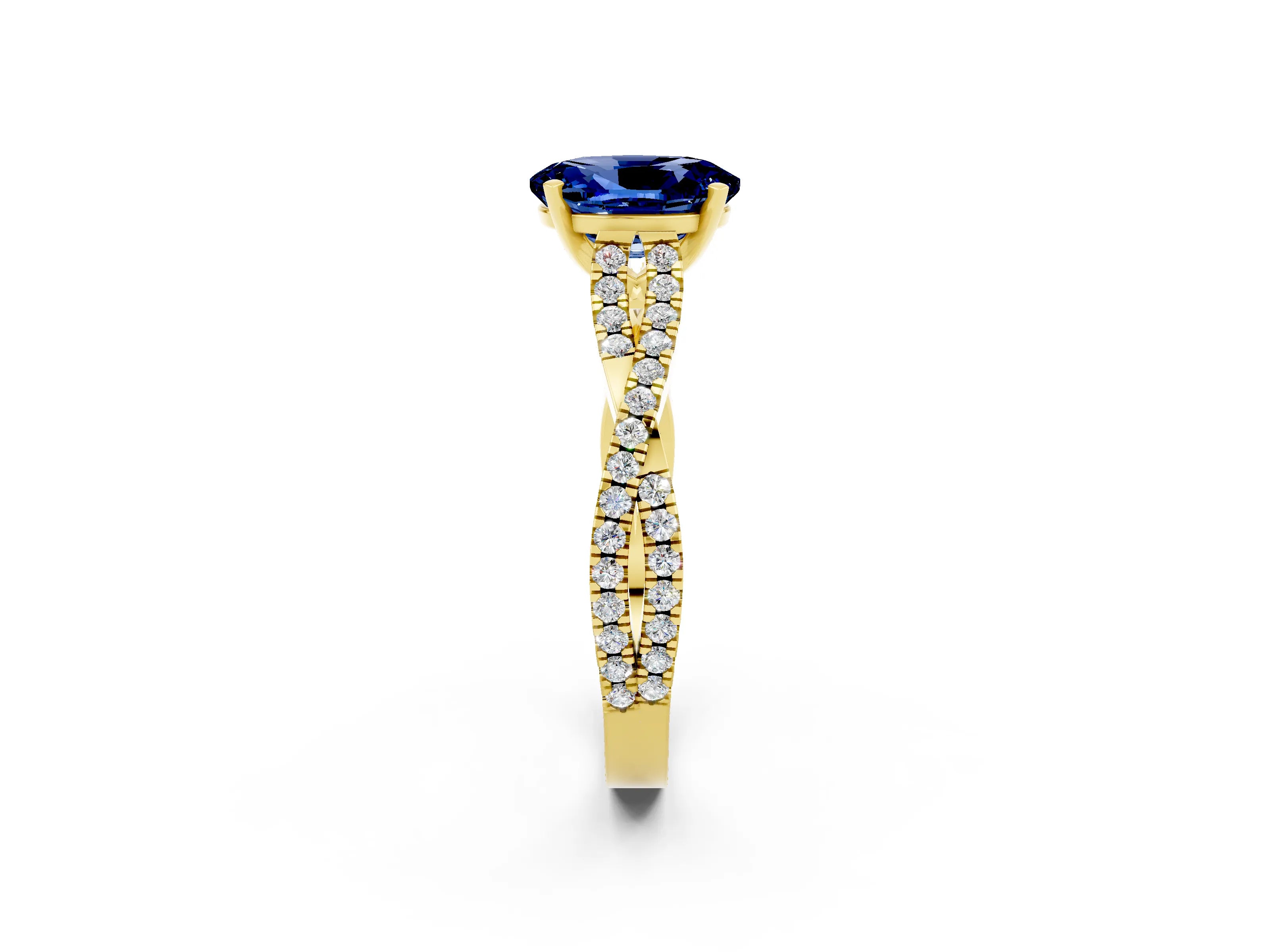 Yellow gold Oval Cut Blue Sapphire Solitaire Engagement Ring with Twisted Pavé Band and Four-Prong Setting_2