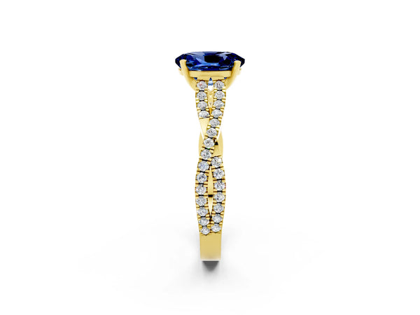 Yellow gold Oval Cut Blue Sapphire Solitaire Engagement Ring with Twisted Pavé Band and Four-Prong Setting
