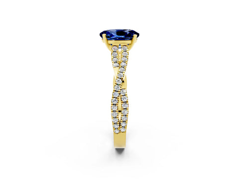 Yellow gold Oval Cut Blue Sapphire Solitaire Engagement Ring with Twisted Pavé Band and Four-Prong Setting_2