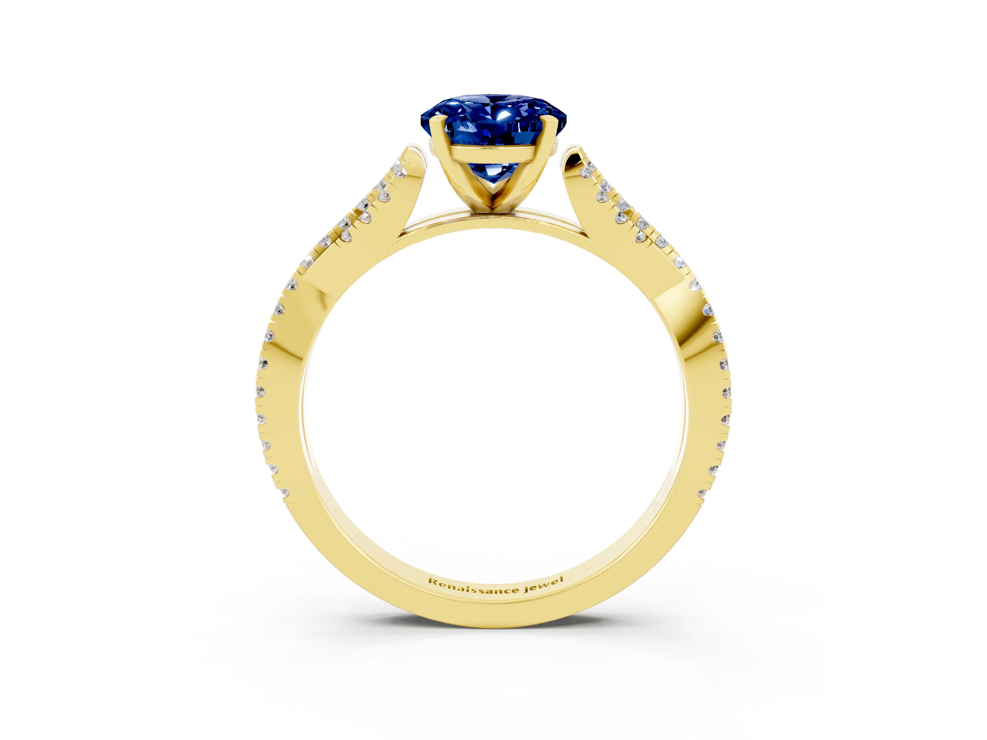 Yellow gold Oval Cut Blue Sapphire Solitaire Engagement Ring with Twisted Pavé Band and Four-Prong Setting_3
