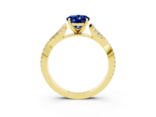 Yellow gold Oval Cut Blue Sapphire Solitaire Engagement Ring with Twisted Pavé Band and Four-Prong Setting