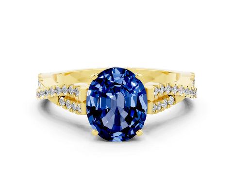 Yellow gold Oval Cut Blue Sapphire Solitaire Engagement Ring with Twisted Pavé Band and Four-Prong Setting