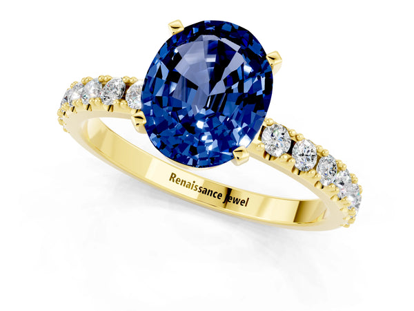 Yellow gold Oval Cut Blue Sapphire Solitaire Pavé Band with Four-Prong Setting