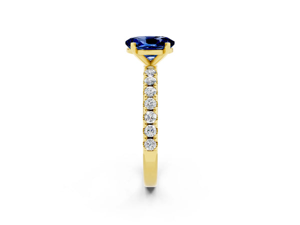 Yellow gold Oval Cut Blue Sapphire Solitaire Pavé Band with Four-Prong Setting