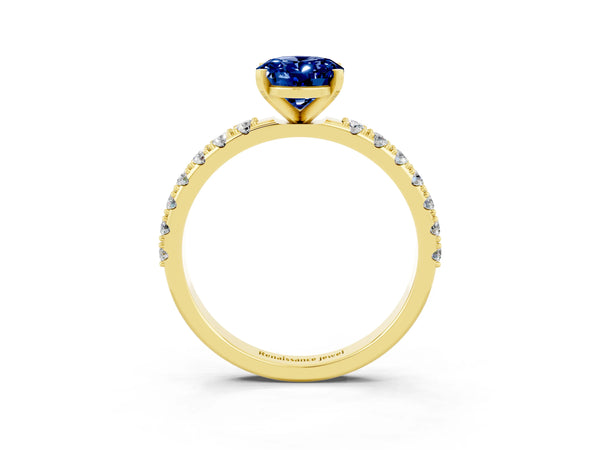 Yellow gold Oval Cut Blue Sapphire Solitaire Pavé Band with Four-Prong Setting