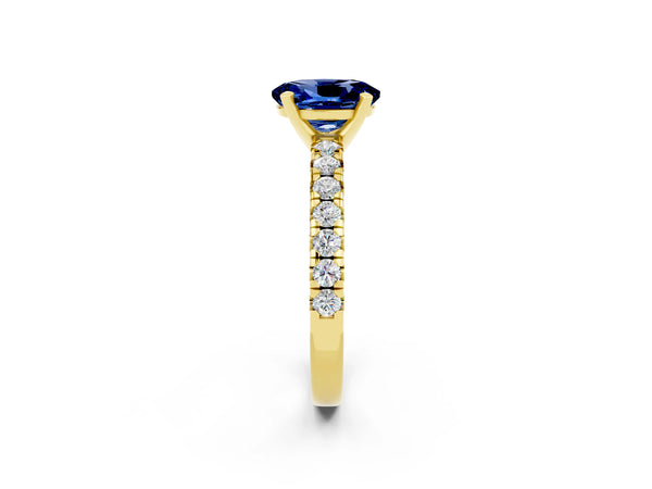Yellow gold Oval Cut Blue Sapphire Solitaire Pavé Engagement Ring with Round Band and Prong Setting