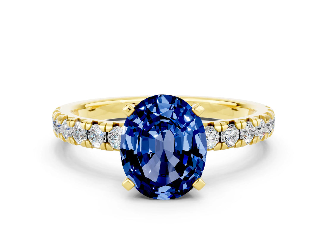 Yellow gold Oval Cut Blue Sapphire Solitaire Pavé Engagement Ring with Round Band and Prong Setting_66