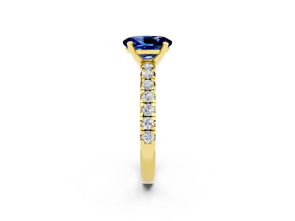 Yellow gold Oval Cut Blue Sapphire Solitaire Pavé Engagement Ring with Round Band and Prong Setting
