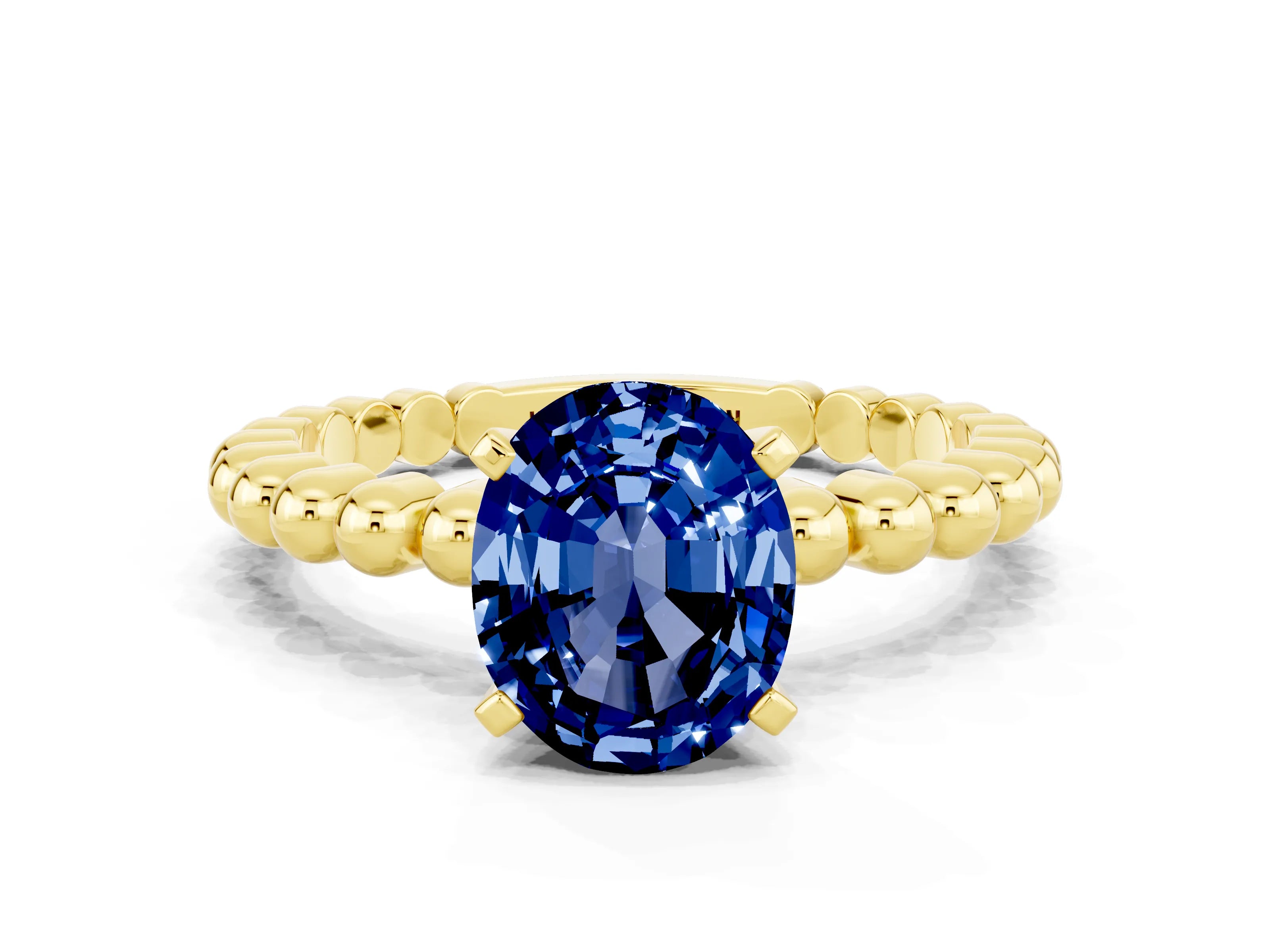 Yellow gold Oval Cut Blue Sapphire Solitaire Ring with Beaded Band and Prong Setting