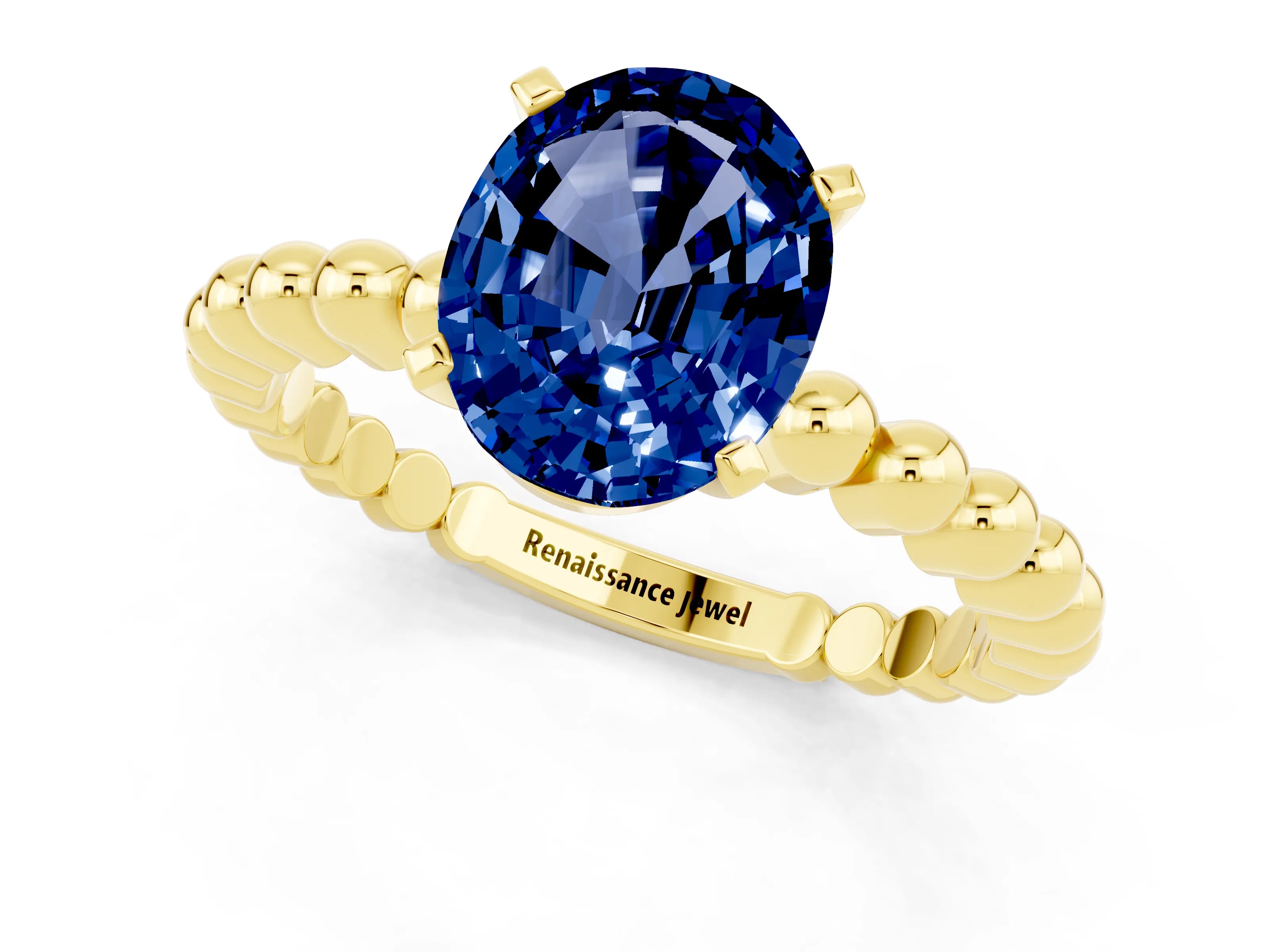 Yellow gold Oval Cut Blue Sapphire Solitaire Ring with Beaded Band and Prong Setting_1