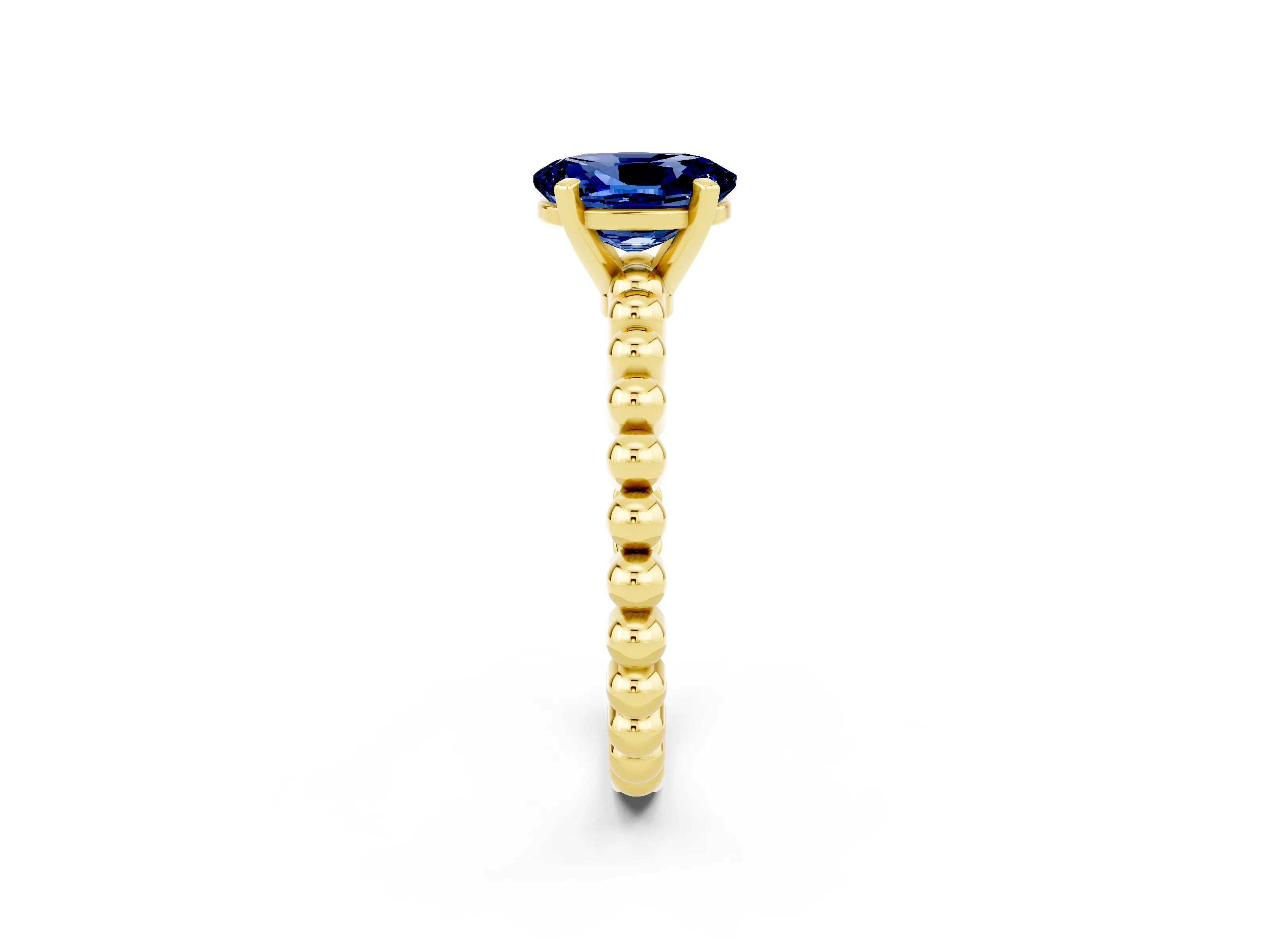 Yellow gold Oval Cut Blue Sapphire Solitaire Ring with Beaded Band and Prong Setting_2