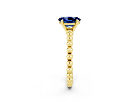 Yellow gold Oval Cut Blue Sapphire Solitaire Ring with Beaded Band and Prong Setting_2