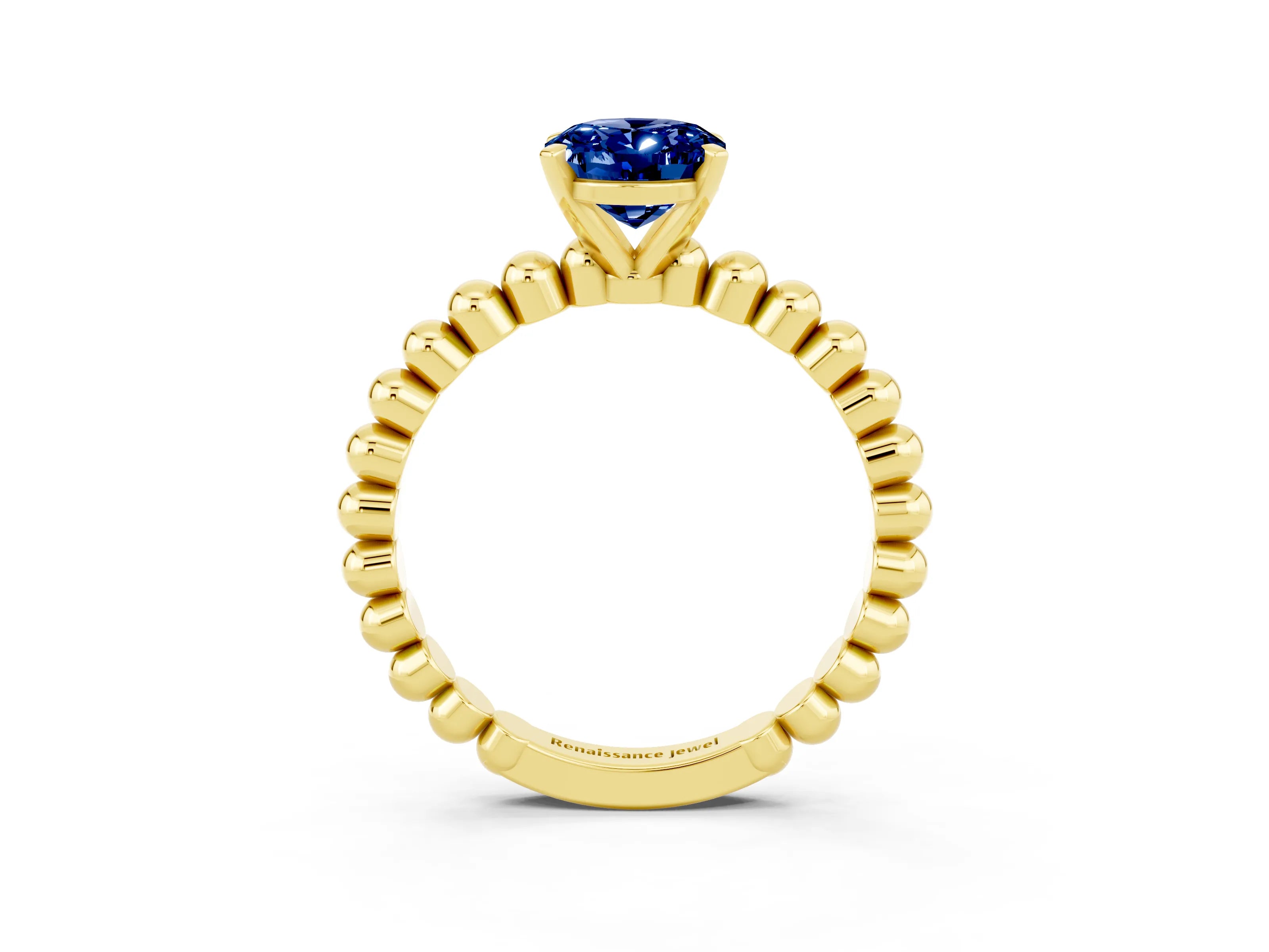 Yellow gold Oval Cut Blue Sapphire Solitaire Ring with Beaded Band and Prong Setting_3