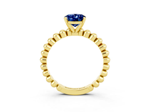 Yellow gold Oval Cut Blue Sapphire Solitaire Ring with Beaded Band and Prong Setting_3
