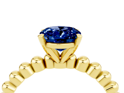 Yellow gold Oval Cut Blue Sapphire Solitaire Ring with Beaded Band and Prong Setting_4
