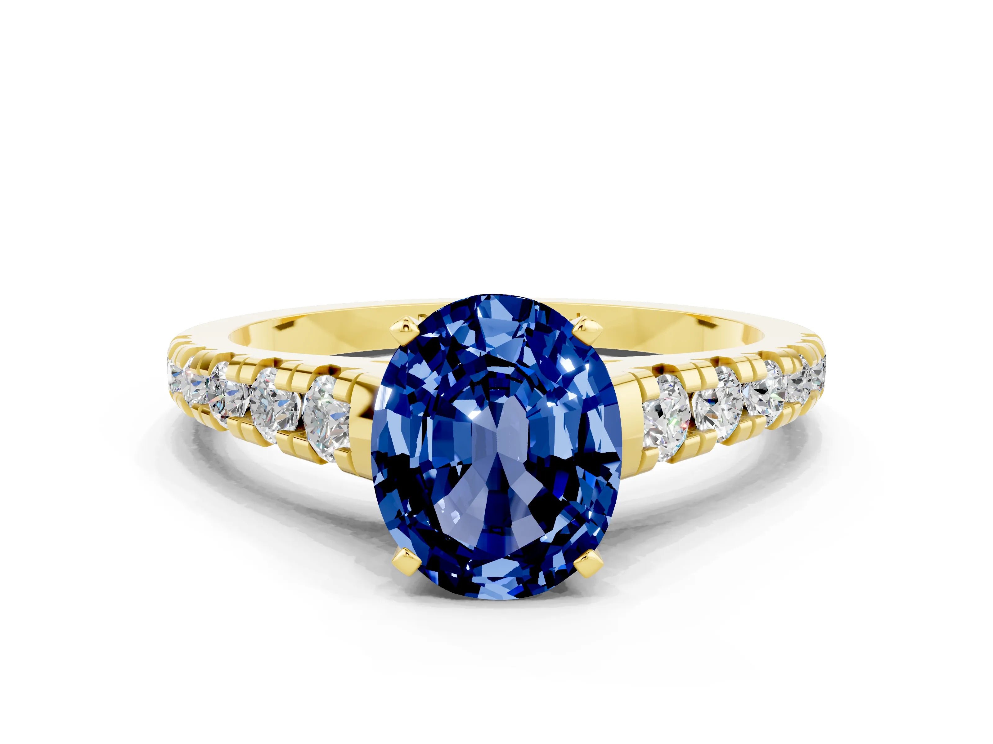 Yellow gold Oval Cut Blue Sapphire Solitaire Ring with Cathedral Setting and Pavé Band