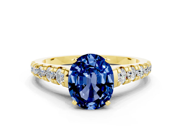 Yellow gold Oval Cut Blue Sapphire Cathedral Solitaire Ring with Round  Pavé Band