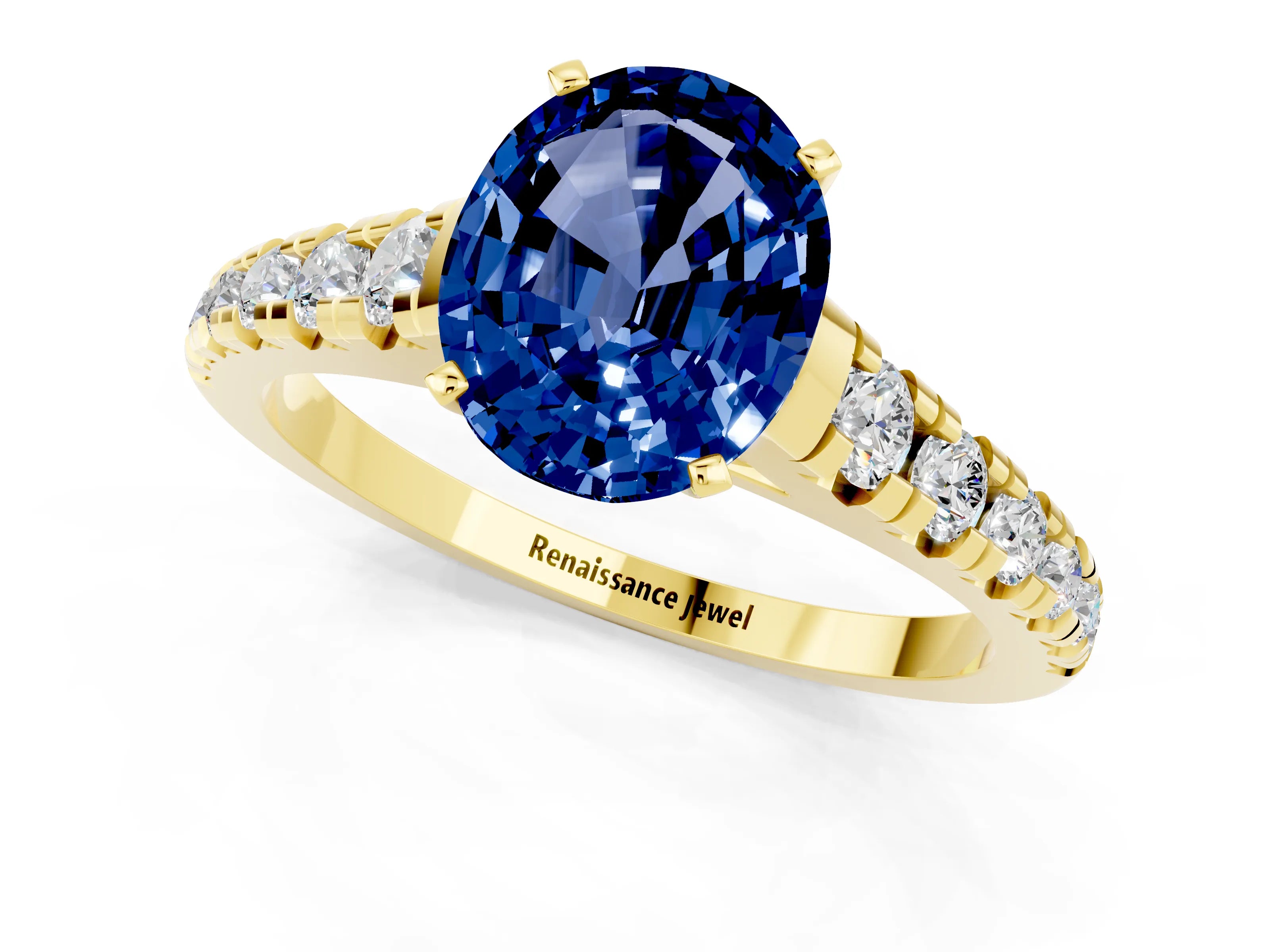 Yellow gold Oval Cut Blue Sapphire Solitaire Ring with Cathedral Setting and Pavé Band_1