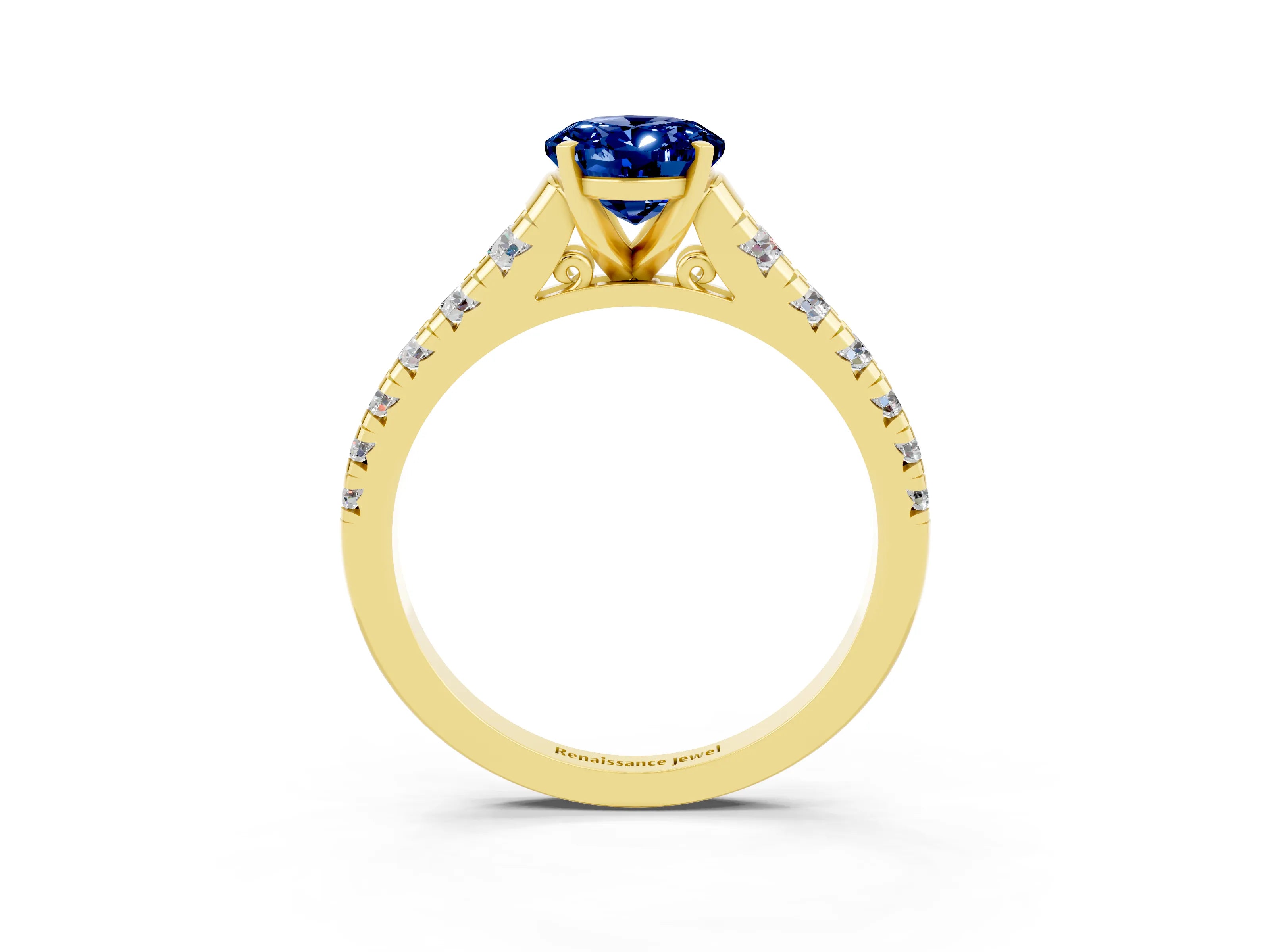 Yellow gold Oval Cut Blue Sapphire Solitaire Ring with Cathedral Setting and Pavé Band_3