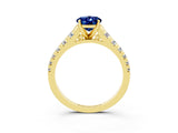 Yellow gold Oval Cut Blue Sapphire Solitaire Ring with Cathedral Setting and Pavé Band_3