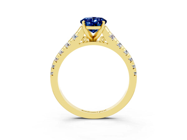 Yellow gold Oval Cut Blue Sapphire Cathedral Solitaire Ring with Round  Pavé Band