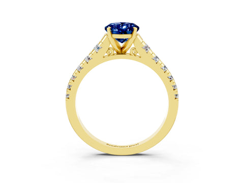 Yellow gold Oval Cut Blue Sapphire Solitaire Ring with Cathedral Setting and Pavé Band_3